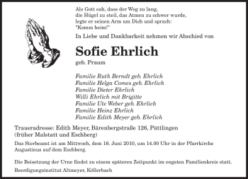 Todesanzeige von Sofie Ehrlich von SAARBRÜCKER ZEITUNG