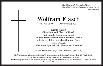 Todesanzeige von Wolfram Flasch von SAARBRÜCKER ZEITUNG