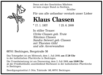Todesanzeige von Klaus Classen von SAARBRÜCKER ZEITUNG