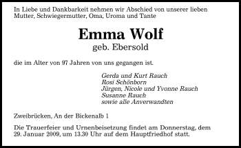 Todesanzeige von Emma Wolf von SAARBRÜCKER ZEITUNG