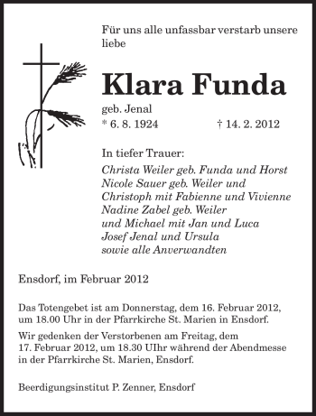 Todesanzeige von Klara Funda von SAARBRÜCKER ZEITUNG