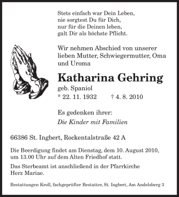 Todesanzeige von Katharina Gehring von SAARBRÜCKER ZEITUNG