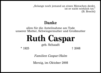 Todesanzeige von Ruth Caspar von SAARBRÜCKER ZEITUNG