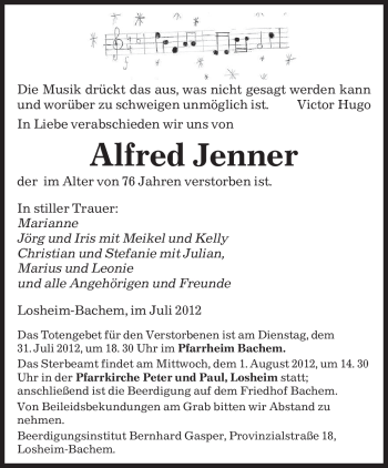 Todesanzeige von Alfred Jenner von SAARBRÜCKER ZEITUNG