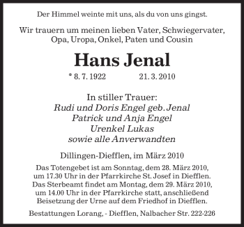 Todesanzeige von Hans Jenal von SAARBRÜCKER ZEITUNG