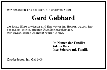 Todesanzeige von Gerd Gebhard von SAARBRÜCKER ZEITUNG