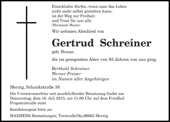 Todesanzeige von Gertrud Schreiner von saarbruecker_zeitung