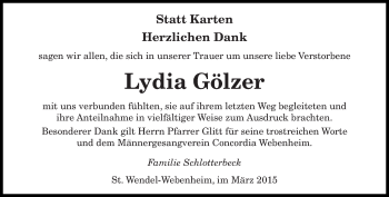 Todesanzeige von Lydia Gölzer von saarbruecker_zeitung
