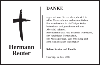 Todesanzeige von Hermann Reuter von SAARBRÜCKER ZEITUNG