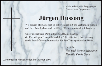 Todesanzeige von Jürgen Hussong von SAARBRÜCKER ZEITUNG
