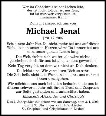 Todesanzeige von Michael Jenal von SAARBRÜCKER ZEITUNG