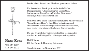 Todesanzeige von Hans Konz von SAARBRÜCKER ZEITUNG