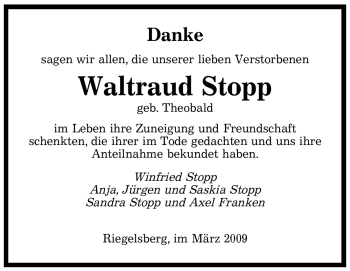 Todesanzeige von Waltraud Stopp von SAARBRÜCKER ZEITUNG