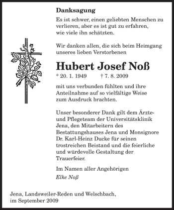 Todesanzeige von Hubert Josef Noß von SAARBRÜCKER ZEITUNG