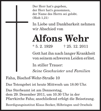 Todesanzeige von Alfons Wehr von SAARBRÜCKER ZEITUNG