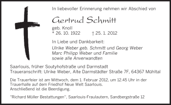 Todesanzeige von Gertrud Schmitt von SAARBRÜCKER ZEITUNG