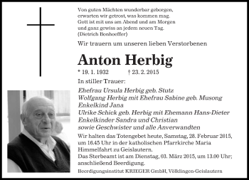 Todesanzeige von Anton Herbig von saarbruecker_zeitung