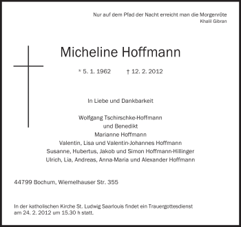 Todesanzeige von Micheline Hoffmann von SAARBRÜCKER ZEITUNG