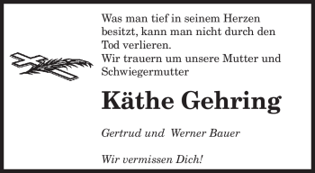 Todesanzeige von Käthe Gehring von SAARBRÜCKER ZEITUNG