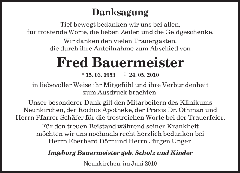  Traueranzeige für Fred Bauermeister vom 12.06.2010 aus SAARBRÜCKER ZEITUNG