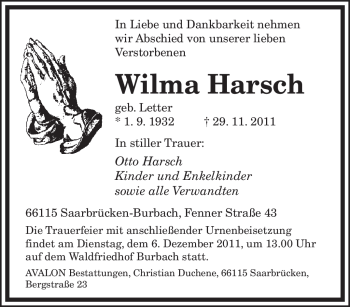 Todesanzeige von Wilma Harsch von SAARBRÜCKER ZEITUNG