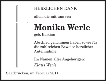Todesanzeige von Monika Werle von SAARBRÜCKER ZEITUNG