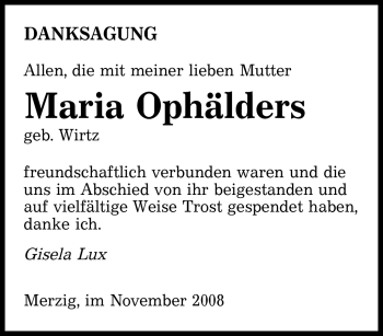 Todesanzeige von Maria Ophälders von SAARBRÜCKER ZEITUNG
