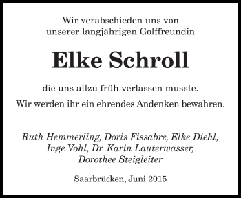 Todesanzeige von Elke Schroll von saarbruecker_zeitung