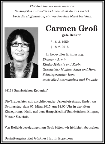 Todesanzeige von Carmen Groß von saarbruecker_zeitung