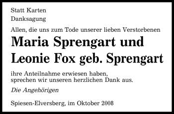Todesanzeige von Maria Sprengart & Leonie Fox geb. Sprengart Unbekannt von SAARBRÜCKER ZEITUNG