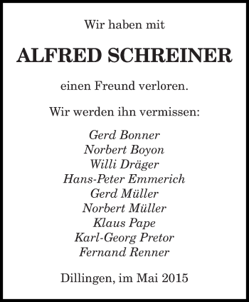 Todesanzeige von Alfred Schreiner von saarbruecker_zeitung