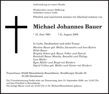 Todesanzeige von Michael Johannes Bauer von SAARBRÜCKER ZEITUNG