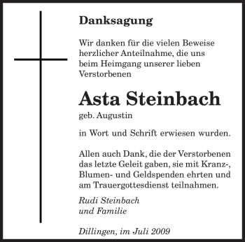 Todesanzeige von Asta Steinbach von SAARBRÜCKER ZEITUNG