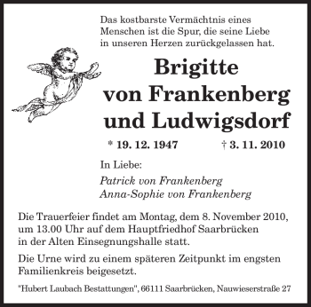 Todesanzeige von Brigitte von Frankenberg und Ludwigsdorf von SAARBRÜCKER ZEITUNG