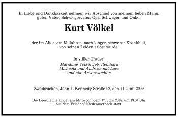Todesanzeige von Kurt Völkel von SAARBRÜCKER ZEITUNG