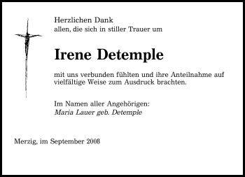 Todesanzeige von Irene Detemple von SAARBRÜCKER ZEITUNG