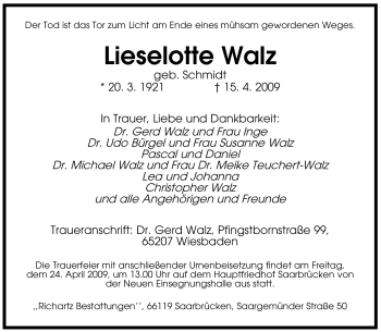Todesanzeige von Lieselotte Walz von SAARBRÜCKER ZEITUNG