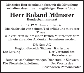 Todesanzeige von Roland Münster von SAARBRÜCKER ZEITUNG