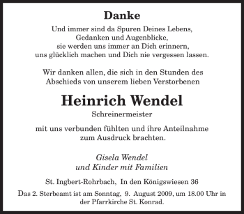Todesanzeige von Heinrich Wendel von SAARBRÜCKER ZEITUNG