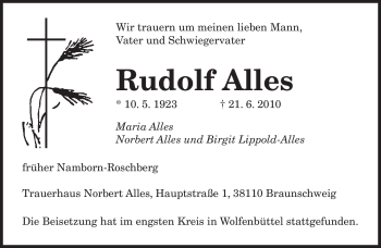 Todesanzeige von Rudolf Alles von SAARBRÜCKER ZEITUNG