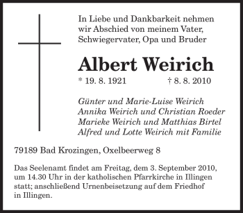 Todesanzeige von Albert Weirich von SAARBRÜCKER ZEITUNG