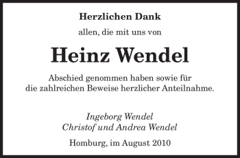 Todesanzeige von Heinz Wendel von SAARBRÜCKER ZEITUNG