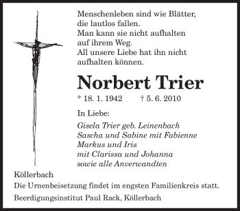 Todesanzeige von Norbert Trier von SAARBRÜCKER ZEITUNG