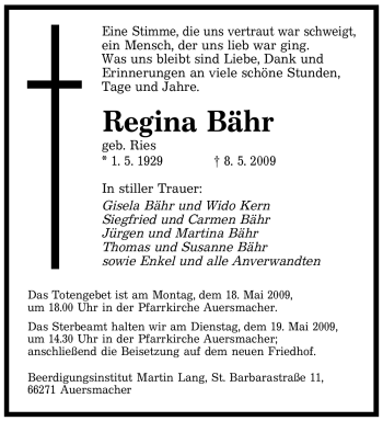 Todesanzeige von Regina Bähr von SAARBRÜCKER ZEITUNG