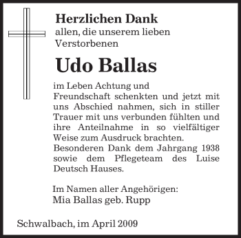 Todesanzeige von Udo Ballas von SAARBRÜCKER ZEITUNG