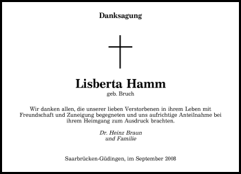 Todesanzeige von Lisberta Hamm von SAARBRÜCKER ZEITUNG
