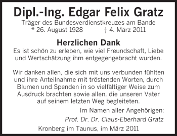 Todesanzeige von Edgar Felix Gratz von SAARBRÜCKER ZEITUNG