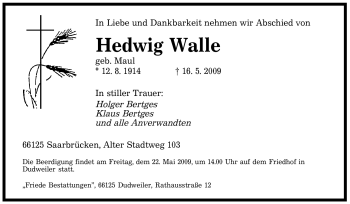 Todesanzeige von Hedwig Walle von SAARBRÜCKER ZEITUNG