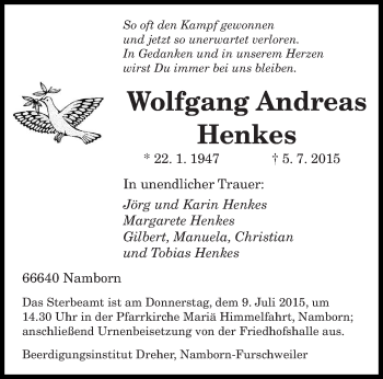 Todesanzeige von Wolfgang Andreas Andreas von saarbruecker_zeitung