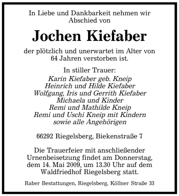 Todesanzeige von Jochen Kiefaber von SAARBRÜCKER ZEITUNG